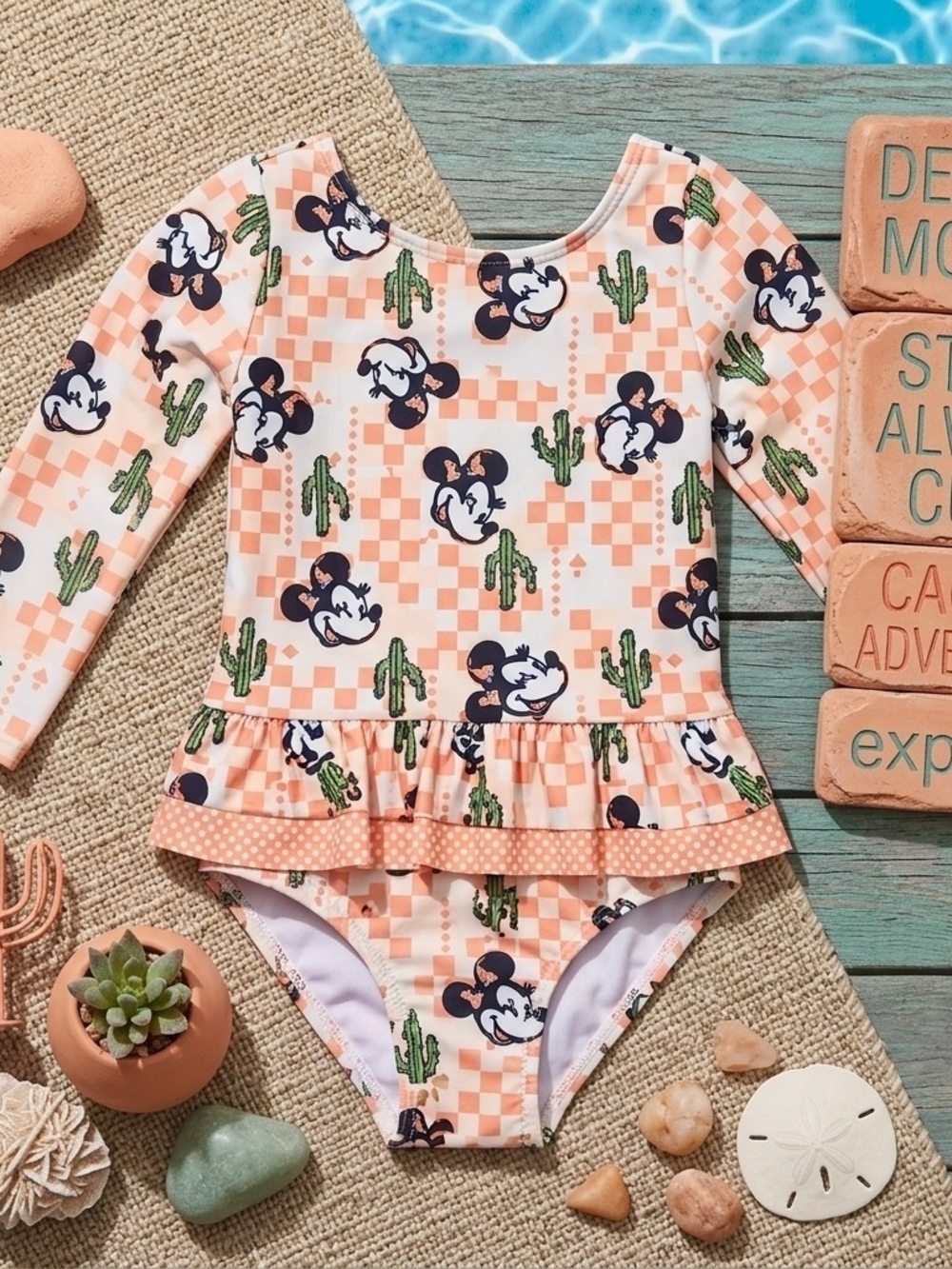 NWT Disney Minnie Mouse Cactus Checkerboard Long Sleeve Swimsuit 12M